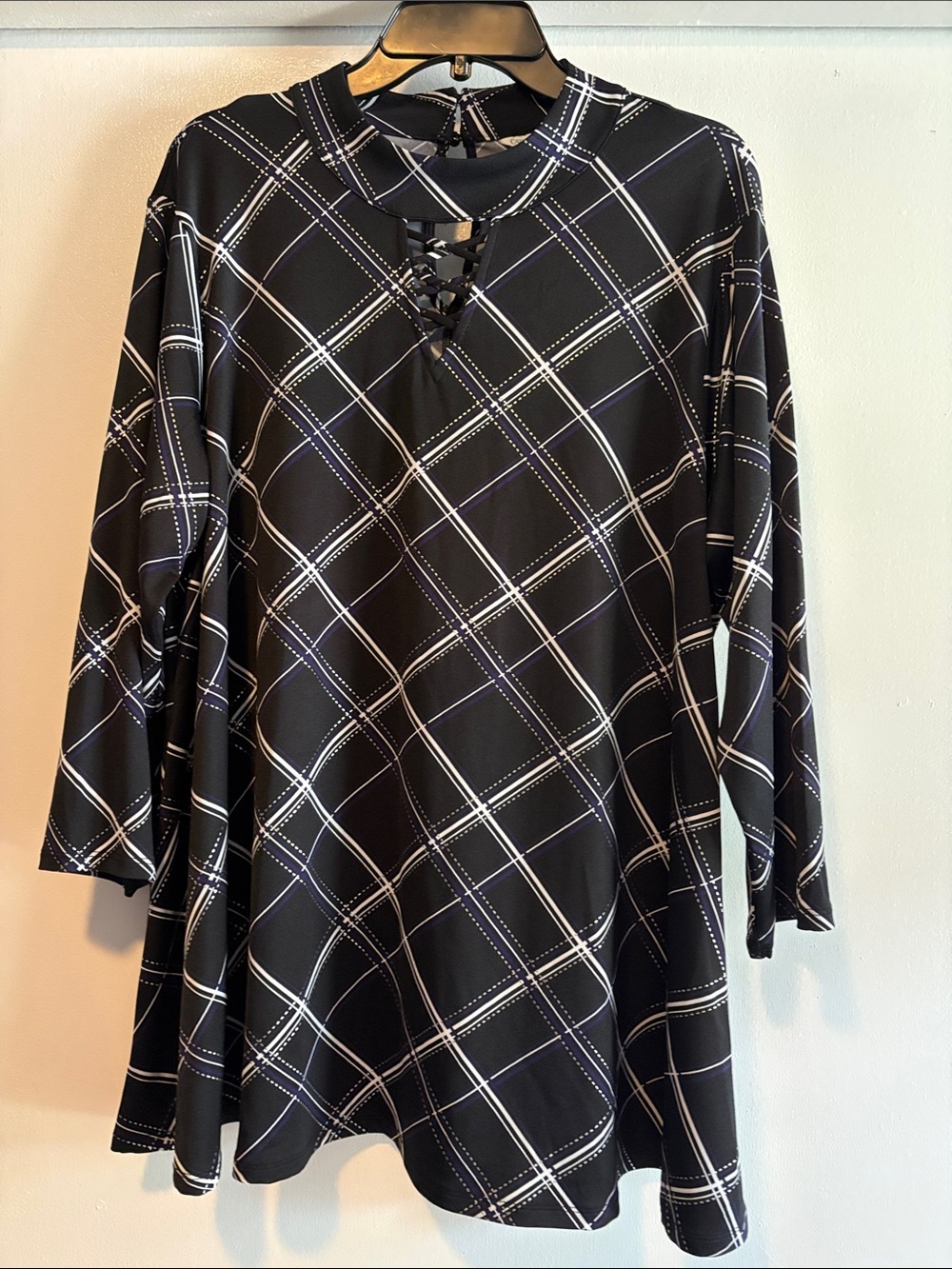 Cato Black and White Plaid Lace-Up Tunic